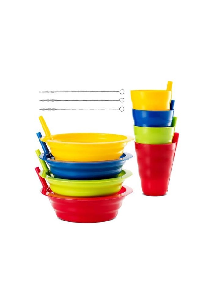 PLASKIDY Cereal Bowls with Straws & Kids Straw Cups - Set of 4 Kids Plastic Bowls with Straws & 4 Straw Cups for Kids BPA Free Dishwasher Safe Kids Bowls with Built-In Straw Include 3 Cleaning Brushes - Image 1
